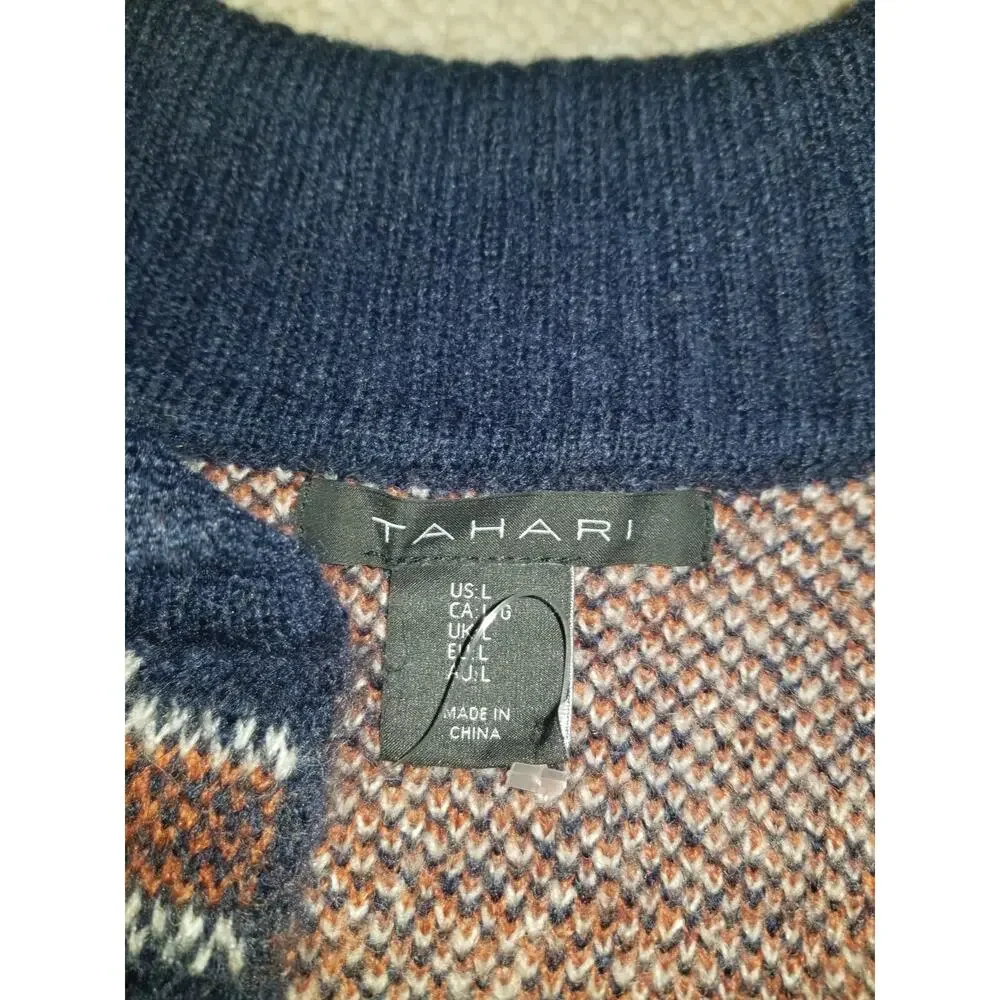Womens Sweater-TAHARI-navy/orange/wht plaid wool open duster/cardigan Heritage-L